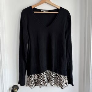 LOFT Black V Neck Sweater with Cheetah Print Ruffle Hem Size XL